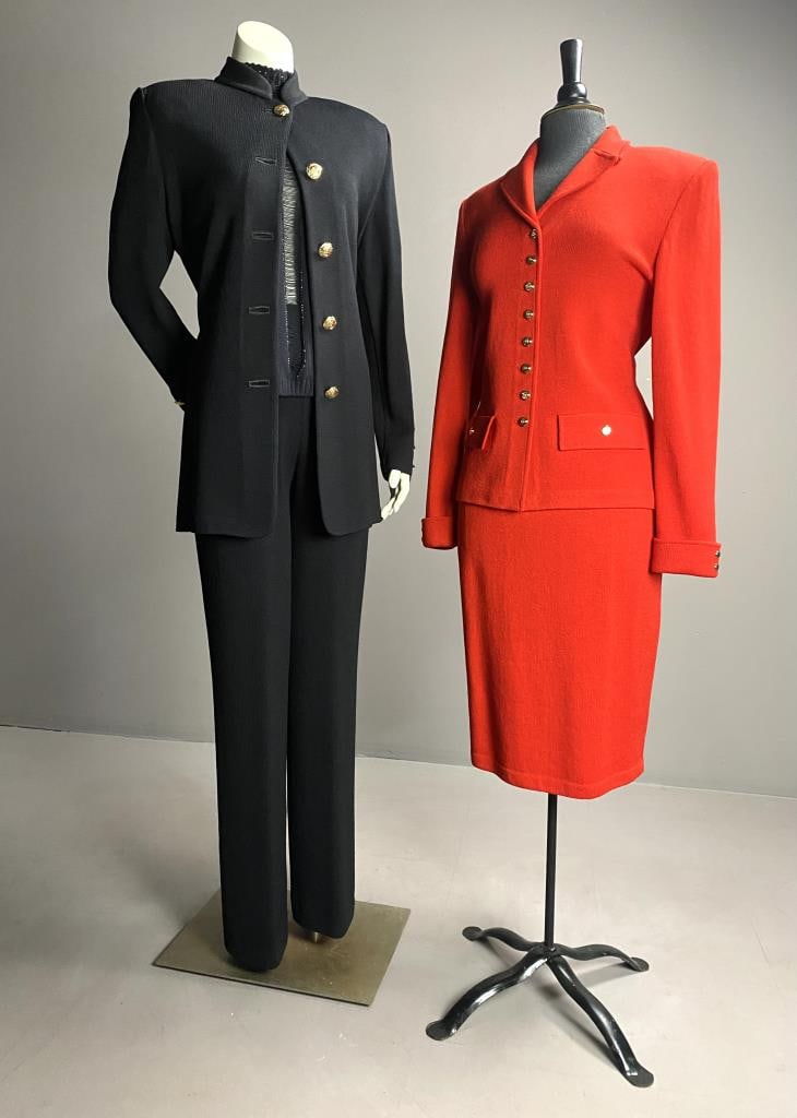 St. John Collection Suits & Evening Top: St. John Evening size 8 bejeweled turtleneck t-shirt, nehru collared size 8 30" long jacket and size 10 slacks with 33" inseam, and bright red skirt suit, with button front 25" long size 6 jacket, and
