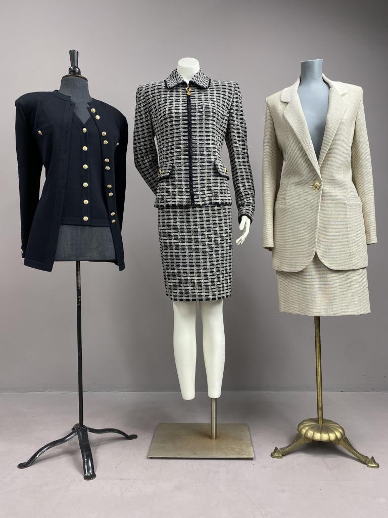St. John Collection Two Suits, Vest & Cardigan: St. John Collection by Marie Gray plaid skirt suit with both size 8 jacket and skirt, both 23" long, and light tweed skirt suit with 32", size 8 jacket and 23" size 10 skirt, and lastly black matching