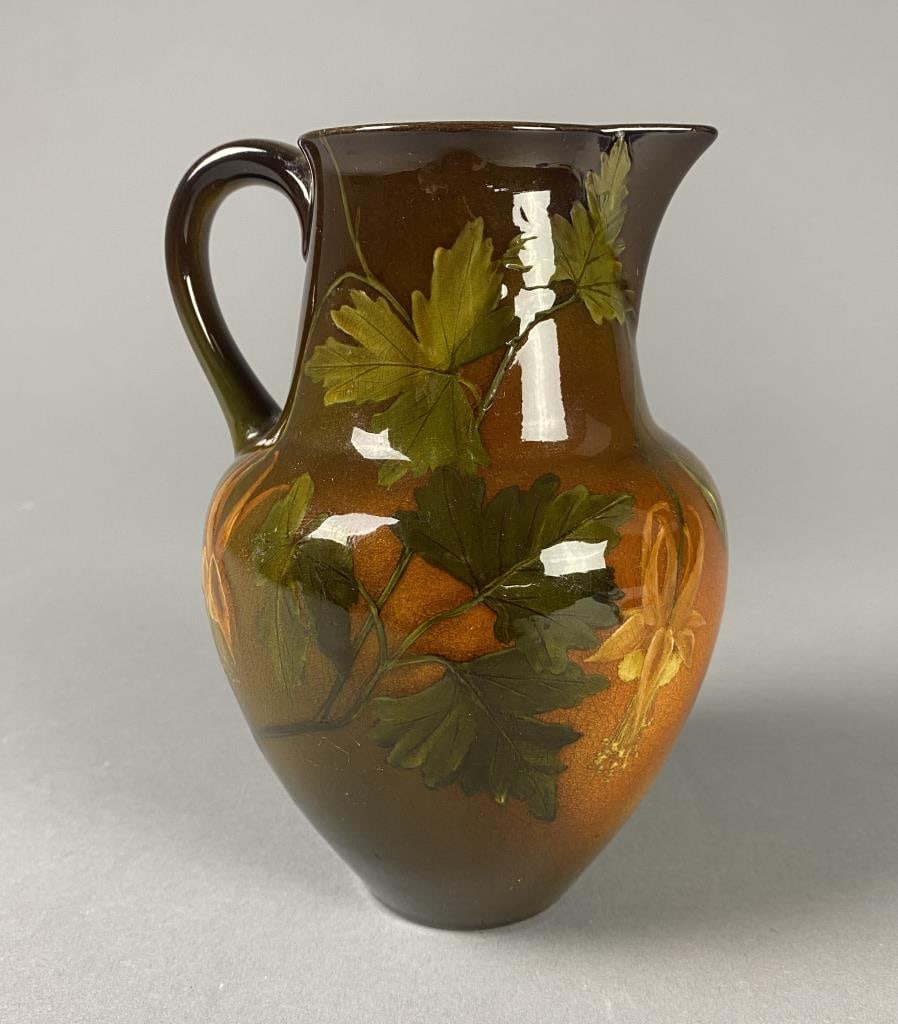 Rookwood Pottery Pitcher #736C Edward Diers 1896: Rookwood Pottery pitcher by Edward George Diers (American: 1870-1947). Identified on the base with the Rookwood Pottery "RP" logo and 10 flames for the year 1896, "736" for the shape, "C" for the size