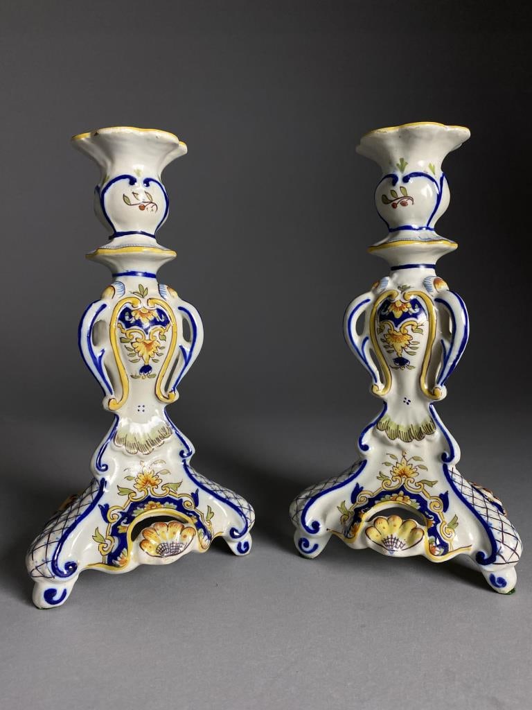 A Pair of French Desvres Faience Candlesticks: Desvres Jules & Emile Fourmaintraux Family Faience hand painted pottery pair of candlesticks, 5" W, 10-1/4" H, some small chips as referenced in photos.