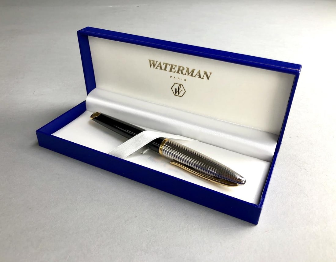 Waterman Carene Ballpoint Pen Black Gold Silver: Waterman Carene ballpoint pen, gloss black and silver tone metal with 23k gold plated clip and trim, marked "Waterman France," in original box.