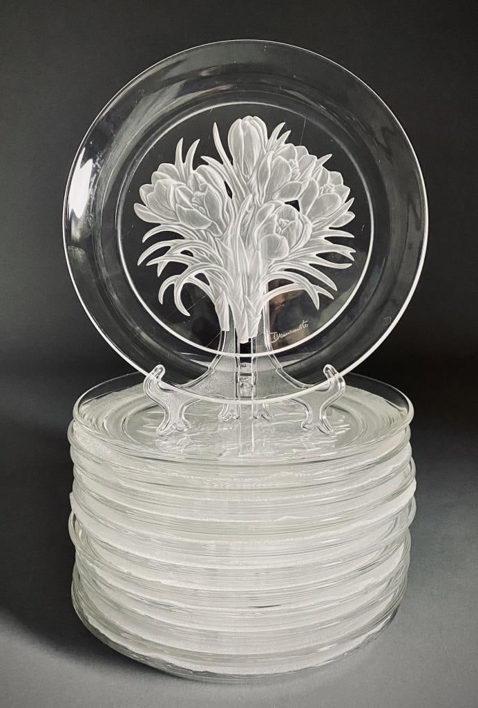T. Yamamoto for Hoya 12 Floral Crystal Plates: 12 heavy crystal plates from Hoya, Japan designed and signed by T. Yamamoto. Deeply embossed and etched in various floral motifs. 8-1/4" diameter.