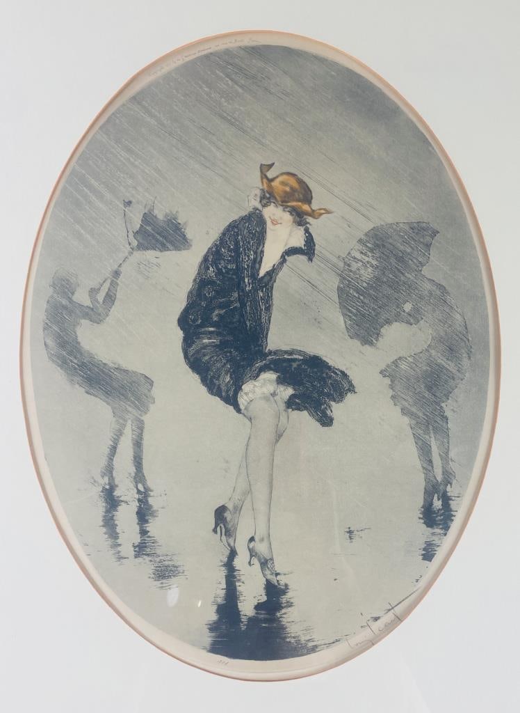 Louis Icart "Rain L' Averse" Signed Etching: Hand colored aquatint etching by Louis Icart titled "rain L' Averse", pencil signed and numbered. Also marked "Copyright 1925 by les Graveurs Modernes 194 rue de Rivoli Paris". Framed under glass, fra