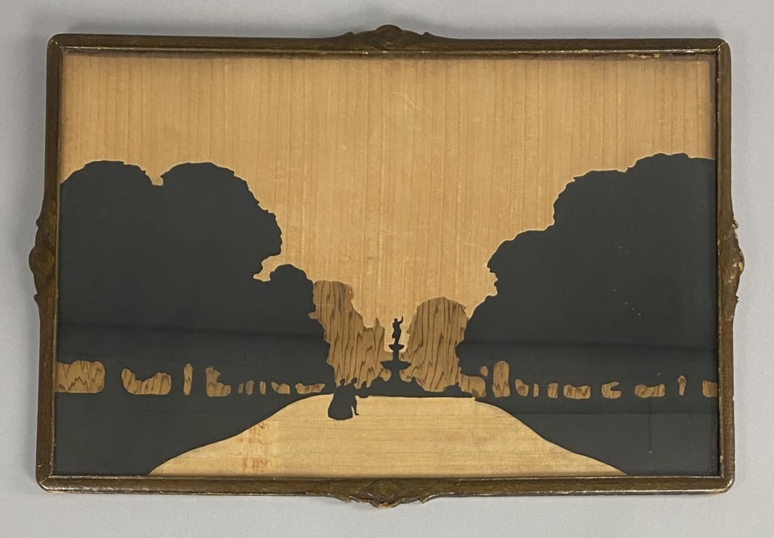 "Avenue" Marquetry Panel W.A. Chase, A.J. Rowley: Circa 1920s marquetry wood panel designed by William Arthur Chase and constructed by Albert James Rowley under the Pan label for the Rowley Gallery. Remnants of labels on reverse. Framed under glass. 
