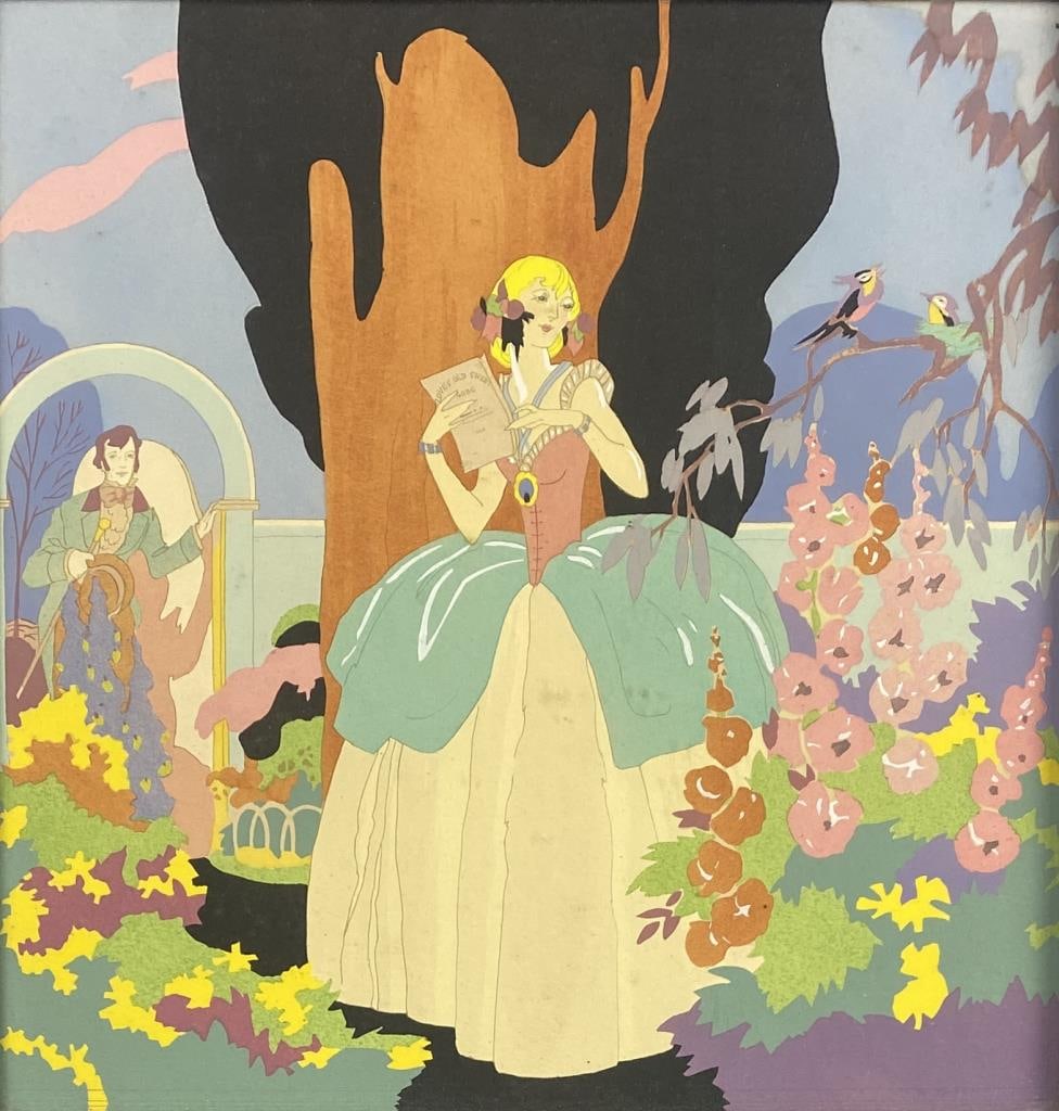 Lee Mero Pochoir "Love's Old Sweet Song": Art Deco Pochoir print with hand applied coloring by Lee Mero (American, 1885-1977). Appears to be in original frame circa 1930s frame with identification on reverse. Framed size 13-1/4" x 13".