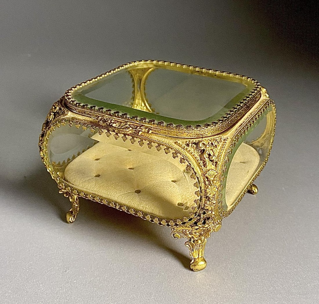 Ormolu and Beveled Glass Jewelry Casket: Circa mid 20th century. 5" x 5" x 3-3/4" tall.