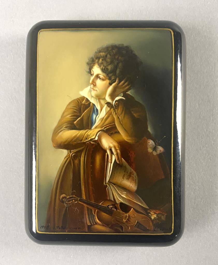 Russian Fedoskino Lacquer Box attributed Sverlova: Russian black hinged Fedoskino hand painted lacquer box with red interior, attributed to Sverlova Galina Anatolievna (Russian: 1955 - ), depicting the 1800 painting by Anne-Louis Girodet de Roussy-Tri