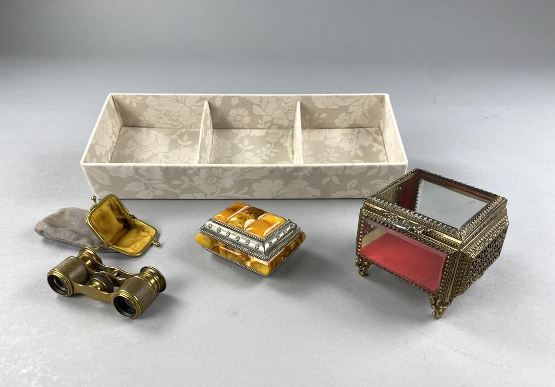 Amber & Brass Ormolu Trinket Boxes, Opera Glasses: Butterscotch Amber trinket box, 2-1/4" x 3", brass ormolu 3-1/2" square filigree coffin box, trinket or jewelry box, and 1920s brass and leather adjustable opera glasses with snap shut fabric case, ma