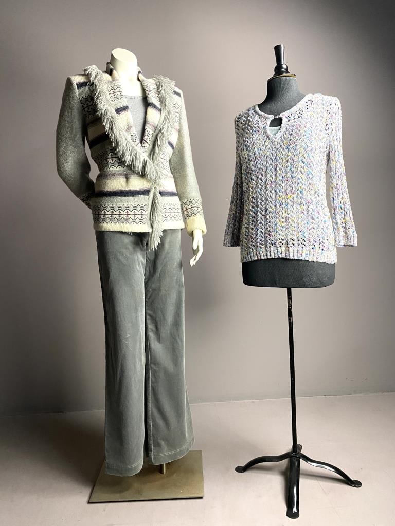 St. John Sport & Basics Separates: St. John Sport crochet 3/4 sleeve multi-color 25" long S top with St. John sleeveless tank top, Sport size P T-shirt, velvet jeans-cut pants in size 8 with 32" inseam, and fringed sweater in size S.