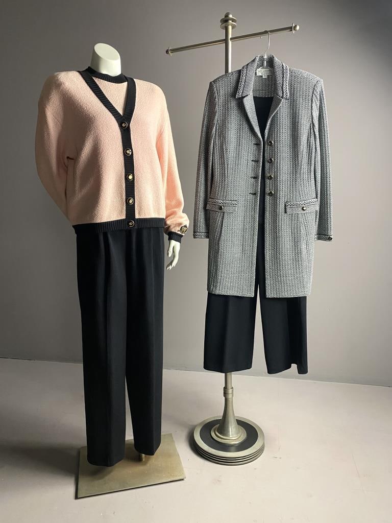 St. John Collection, Basics, and Evening Separates: Pink and black twin set with 23" long button front collegiate style size S cardigan and matching sleeveless top in size S, and size 8 slacks with 31" inseam, 35" long jacket in size 8, size S sleevele