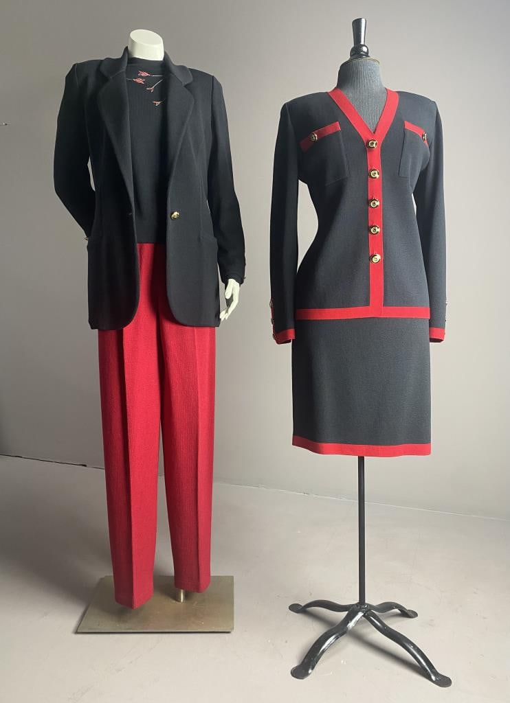 St. John Collection Skirt Suit & Separates: St. John Collection by Marie Gray knitwear black with red trim skirt suit, 23" long size 10 skirt, and 26" long size M jacket. Outfit of separates includes size 8 pants with 30" inseam, floral trim to