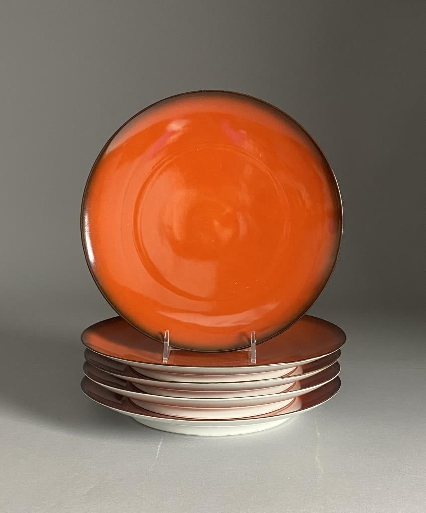 5 Midcentury Le Chambrelain Limoges Orange Plates: Five mid 20th century orange porcelain 11-3/8" dinner plates. Marked as shown "Limoges France, peint a la main par Le Chambrelain".