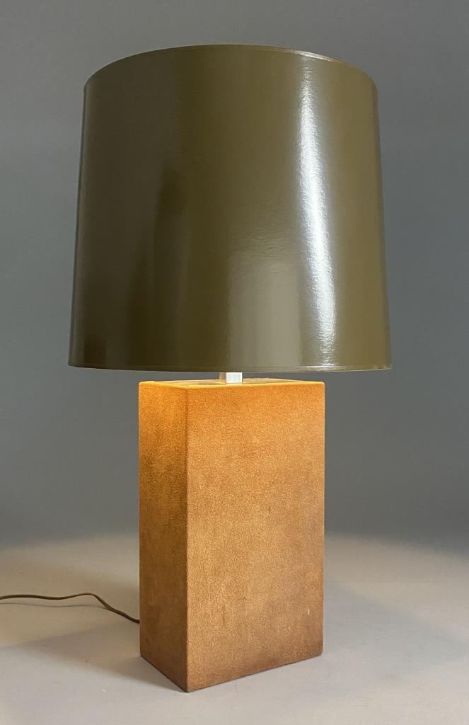 Raymor Midcentury Suede and Chrome Lamp: Modernist suede and chrome lamp in the manner of Pierre Cardin. Includes brown lacquered paper drum shade. Labeled as shown. Overall height 28-1/2", to top of socket 20".