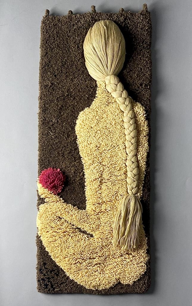 Don Freedman Midcentury Fiber Art Shag Tapestry: Figurative wall hanging wool tapestry depicting a nude woman by fiber artist Don Freedman for Interlude Inc. circa 1970s. 49" x 20".