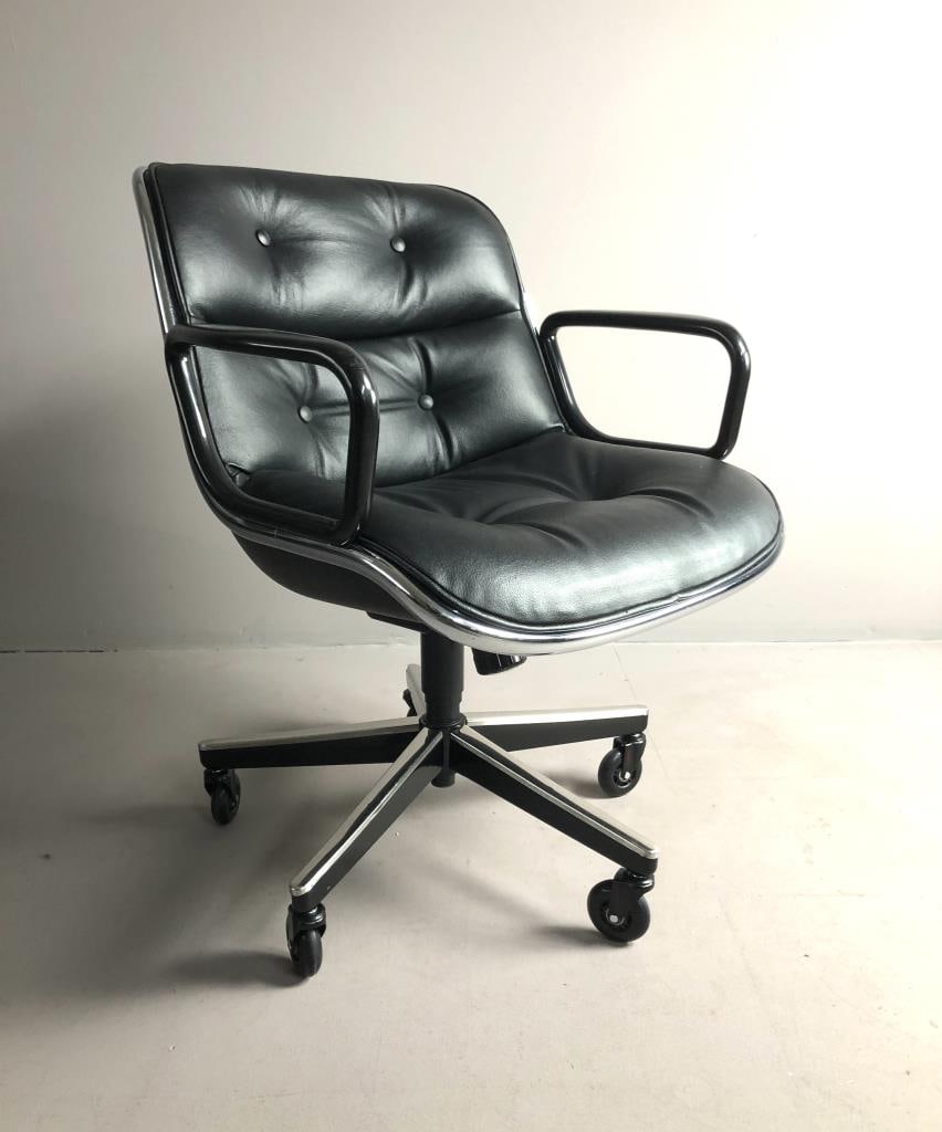 Knoll Pollock Black Leather Executive Chair: Knoll Executive Chair, designed by Charles Pollock and first introduced in 1965, black leather upholstery, 26" L x 26-1/4" W x 34" H.