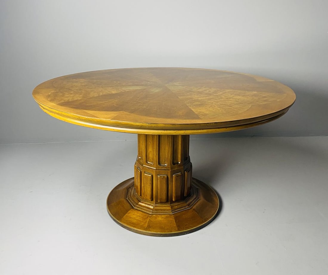 John Widdicomb 1960s Walnut Pedestal Game Table: Pedestal game table in walnut from John Widdicomb circa 1960s. Sculptural modernist pedestal base topped by a 48" round radiant veneer top, edge of base banded in brass. Height 25-1/2".