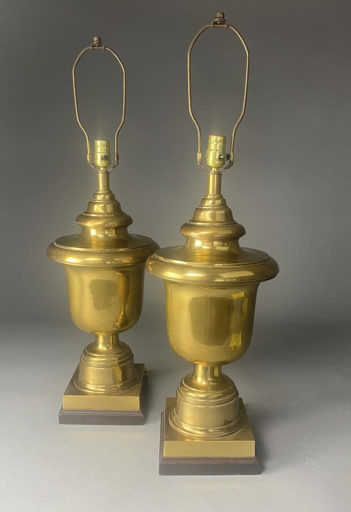 Pair Frederick Cooper Mid 20th C. Brass Urn Lamps: Large heavy brass classical urn shaped table lamps from Frederick Cooper of Chicago. Height to top of finial 33", to top of socket 24-1/2".