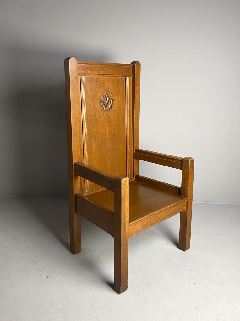 Craftsman Oak Large Gothic Revival Armchair: Circa early 20th century large scale gothic revival armchair by the American Seating Company of Grand Rapids. Height 52", width 26-1/4", depth 22".