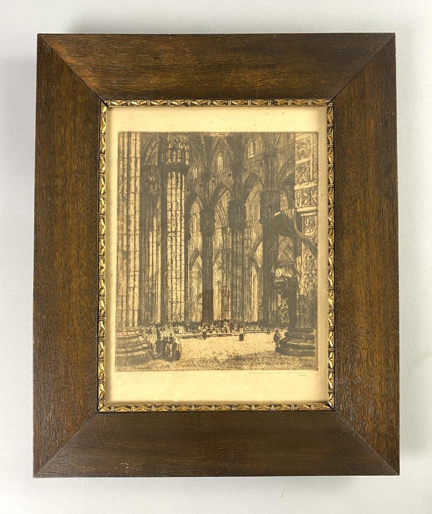 Martin van Waning (Dutch, 1889-1972) Etching: Etching on paper depicting the interior of a cathedral in Milan by Dutch artist Martin van Waning. Pencil signed, and in plate, fine gilt trimmed wood period frame. Framed size 21-7/8" x 17-3/4".