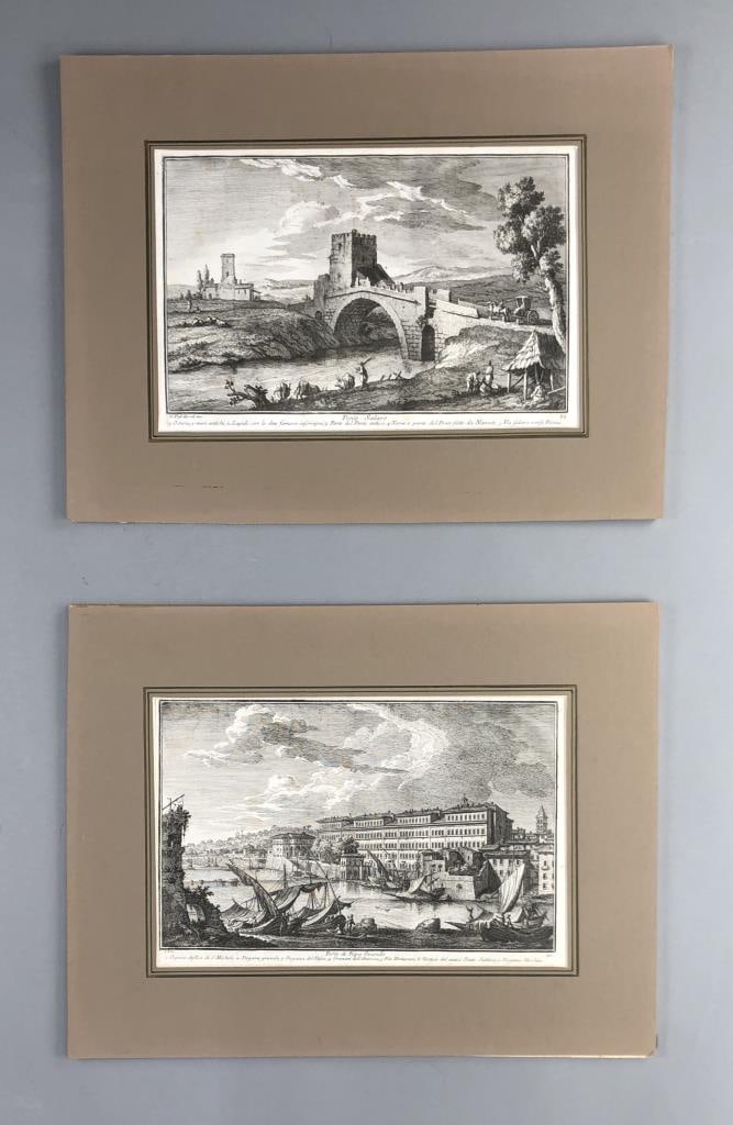 Giuseppe Vasi 18th C Grand Tour Rome Engravings: Pair of Giuseppe Vasi 18th Century grand tour views of Rome, copper plate engravings, "Ponte Salaro" (#83) and "Porto di Ripa Grande" (#97), each 12-3/4" x 17-1/8" in matching 14" x 18-1/2" mats.