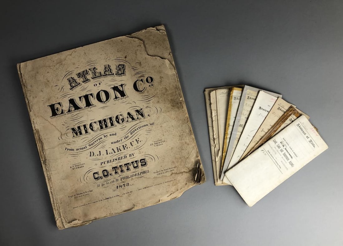 Atlas of Eaton County Michigan 1873 & Abstracts: "Atlas of Eaton County Michigan," published by C. O. Titus, Philadelphia, 1873, 15" x 13-1/2" and collection of Eaton County abstracts.