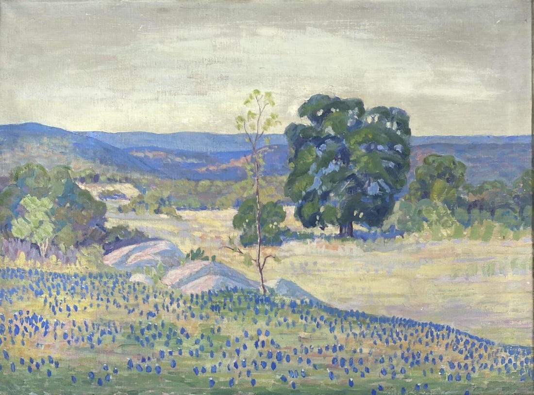 Early 20th Century Impressionist Oil Landscape: Meadow landscape oil painting on canvas circa early 20th century in period giltwood frame. From an old Detroit estate. Framed size 37-3/4" x 29-1/2". Canvas size 32" x 24".