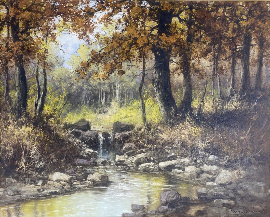 Lazlo Neogrady (Hungarian, 1896-1962) Autumn Scene: River landscape oil on canvas painting circa mid 20th century. Signed lower right. Framed size 36-1/2" x 30-1/2", canvas size 30 x 24".