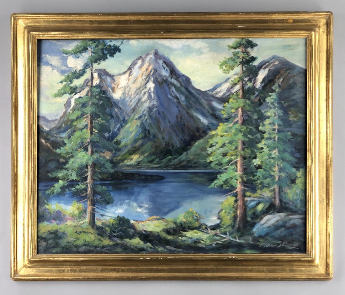 Elmer Berge Oil Painting Minnesota Artist: Elmer S. Berge (Norwegian/American [Minnesota]: 1892 - 1956) signed landscape oil painting on stretched canvas, circa 1930s / 1940s, in period frame, 29-3/4" L x 35-1/2"