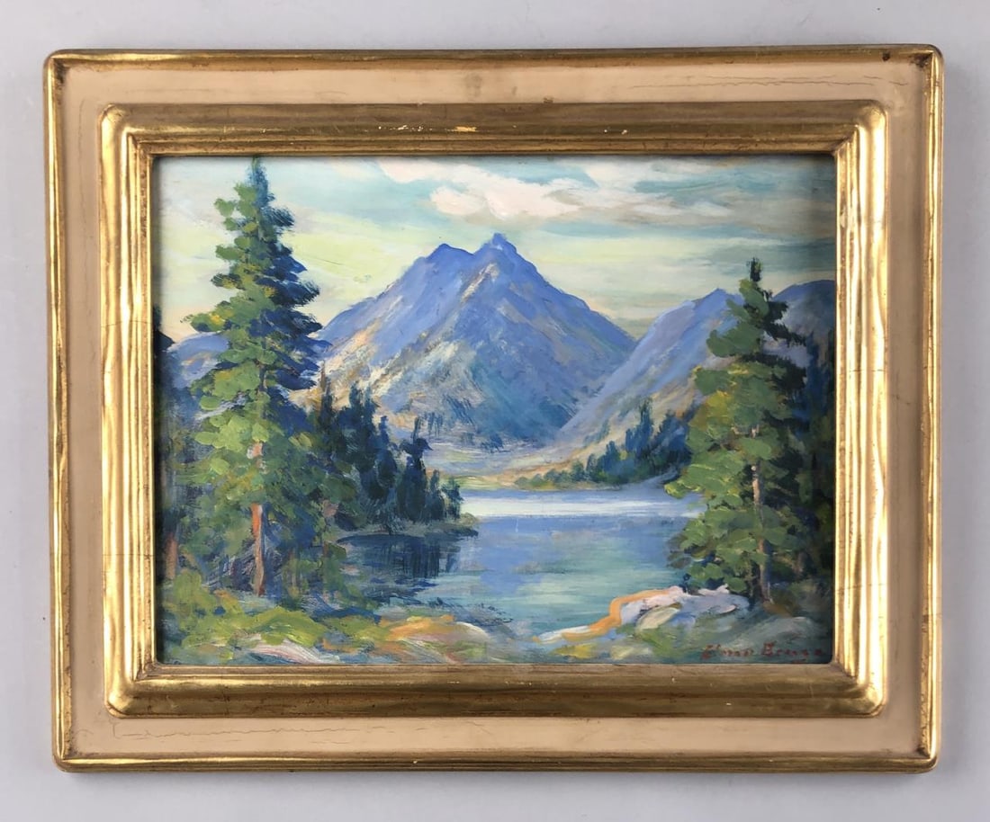 30s/40s Elmer Berge Oil Painting Mountain Scene: Elmer S. Berge (Norwegian/American [Minnesota]: 1892 - 1956) signed landscape oil painting on board, circa 1930s / 1940s, in period frame, 16-5/8" L x 20-1/2"