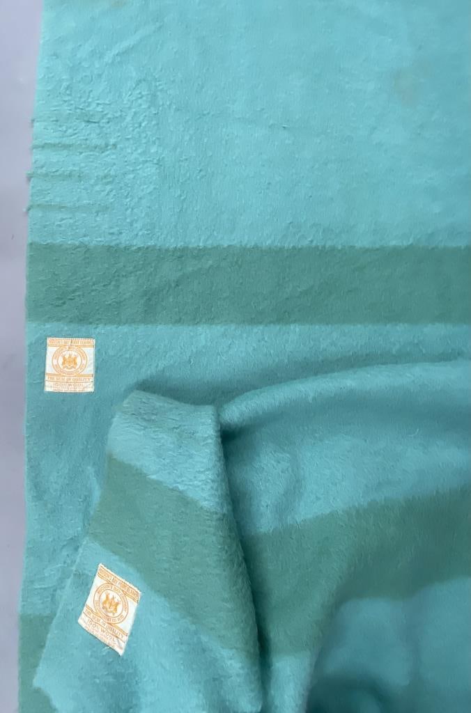 1950s Hudson Bay Uncut Pair of Wool Blankets 4 Pt: Four point, or full size Hudson Bay 100% wool blankets, 180" long pair of uncut green blankets with original labels.