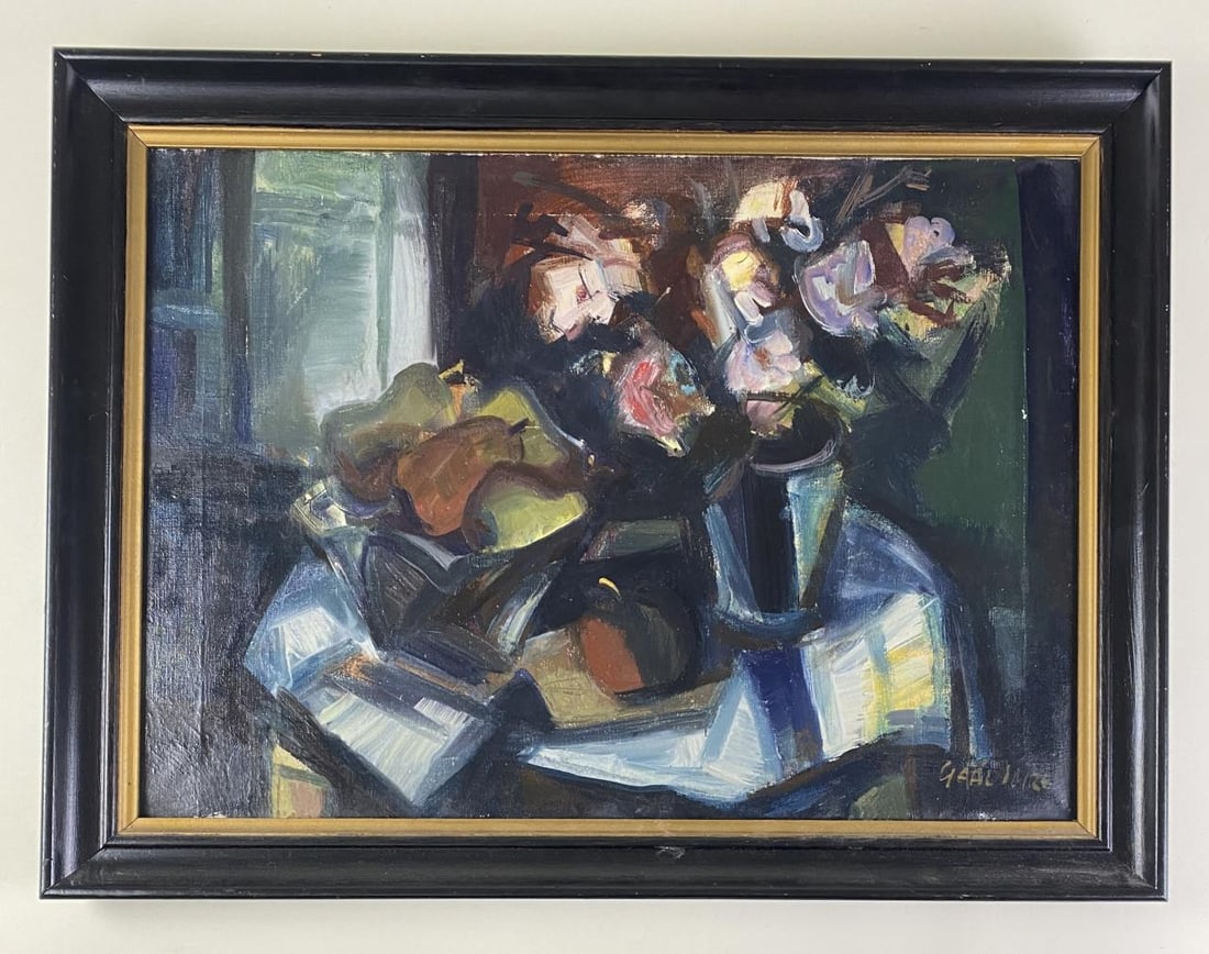 Gaal Imre (Hungarian 1921-2013) Oil Still Life: Original oil on canvas painting depicting an interior still life circa mid 20th century. Signed lower right. Framed size 31-1/2" x 24", canvas size 27-1/2" x 19-1/2".