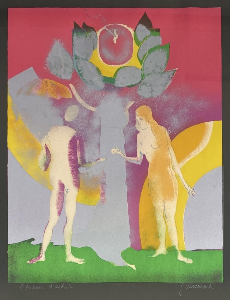 Paul Guirmand (French 1926-2008) Adam et Eve: Mid 20th century lithograph signed lower right by the artist. Inscribed "Epreuve d'Artiste" (artist's proof). Framed under glass, framed size 23" x 31".