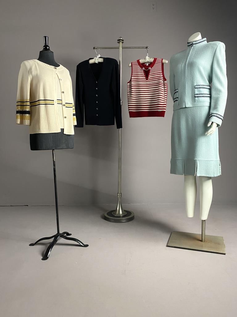 St. John Collection Skirt Suit & Sport Separates: St. John Collection Suit with 20" long size 8 zip front jacket, and 24" long size 10 ruffle hem skirt, St. John Sport twin set with size P sleeveless top, and 23" long 3/4 sleeve sweater in size S, 22