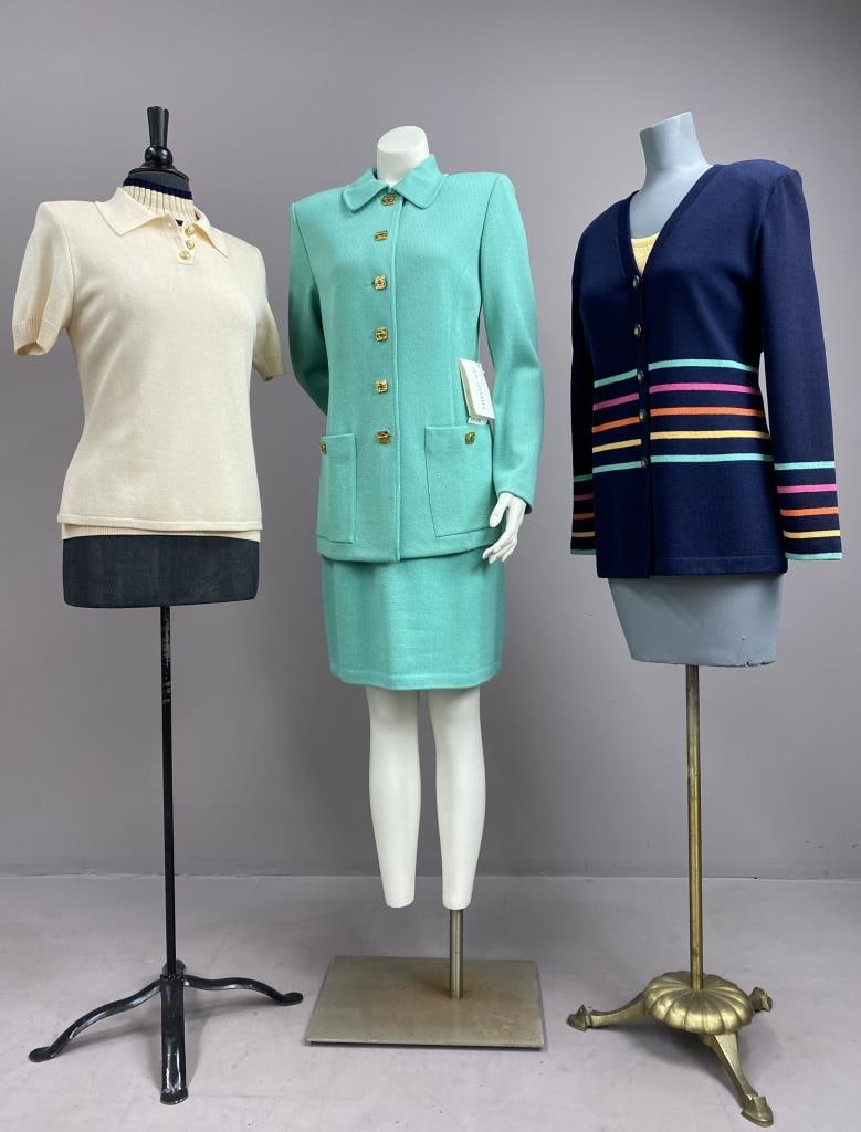 St. John Collection Knitwear Skirt Suit, Separates: St. John Collection by Marie Gray skirt suit with size 8 28" long jacket, and size 10 22" long skirt, 28" long size 8 cardigan with multicolor stripes and matching sleeveless top in size M, with sleev