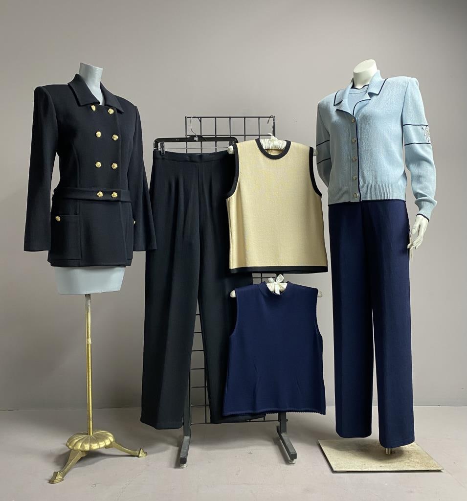 St. John Sport & Collection Separates: St. John Sport collegiate applique cardigan and matching top in size S, and matching size 8 pants, size 8 black pantsuit, and two size S sleeveless tops.