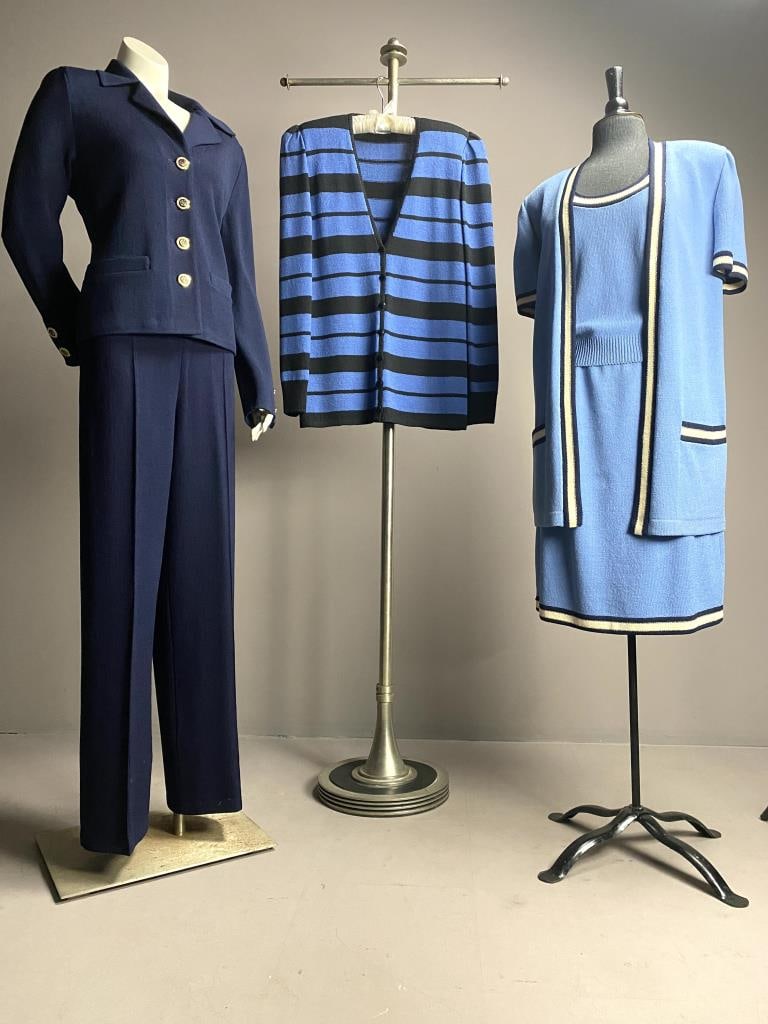 St. John Collection Skirt Suit Pantsuit & Cardigan: Casual skirt suit with open front 32" long size M cardigan, matching M sleeveless top, and skirt, 23" long in size 10, navy pantsuit with size 8 jacket and size 8 pants with 30-1/2" inseam, striped 29
