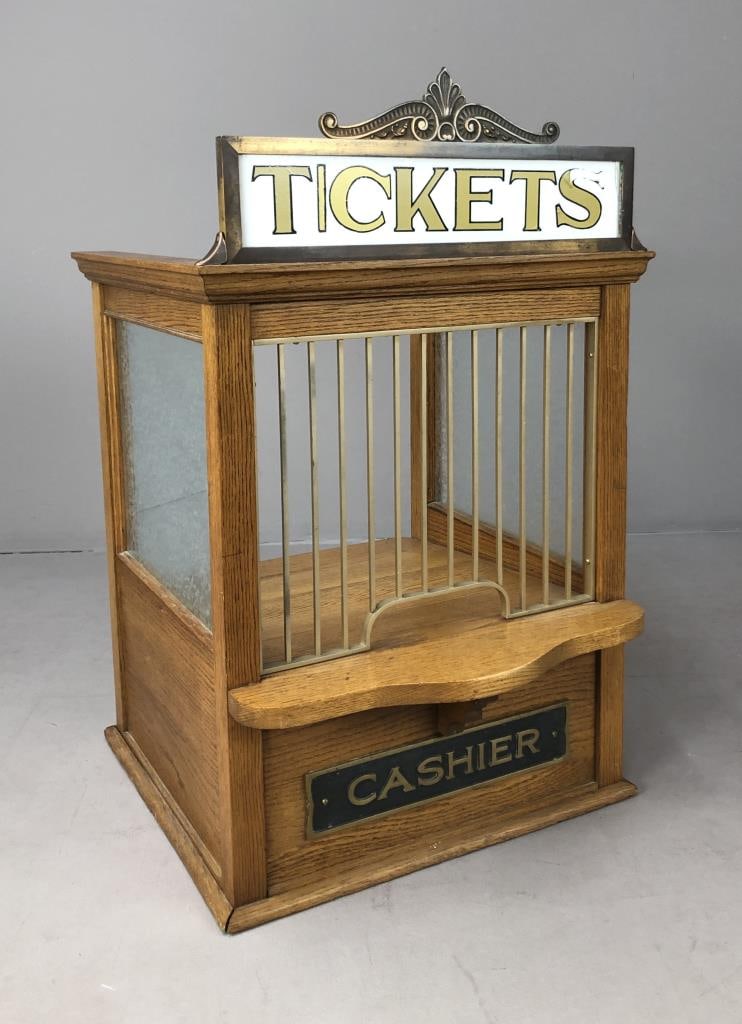 Antique Ticket Window Oak & Brass: Antique ticket window, ticket box, ticket booth, oak, brass, milk and frosted glass, approximately 28" L x 25-5/8" W x 41" H.