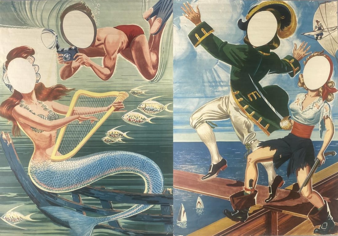 2 Sided Sylvania Arcade Mermaid Photo Prop: Arcade or photo booth prop circa 1950s. A large two sided lithograph from Sylvania Electric Products Inc. for their photo accessories department. One side depicts a mermaid with a photographer the oth