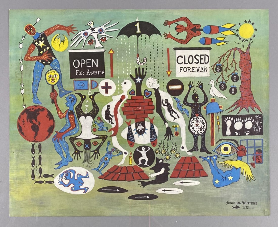 Jonathan Winters "Open for Awhile, Closed Forever": Offset lithographic print of a painting by comedian Jonathan Winters (American, 1925-2013). Painted in 1971 with the print issued in 1972. 16" x 20".