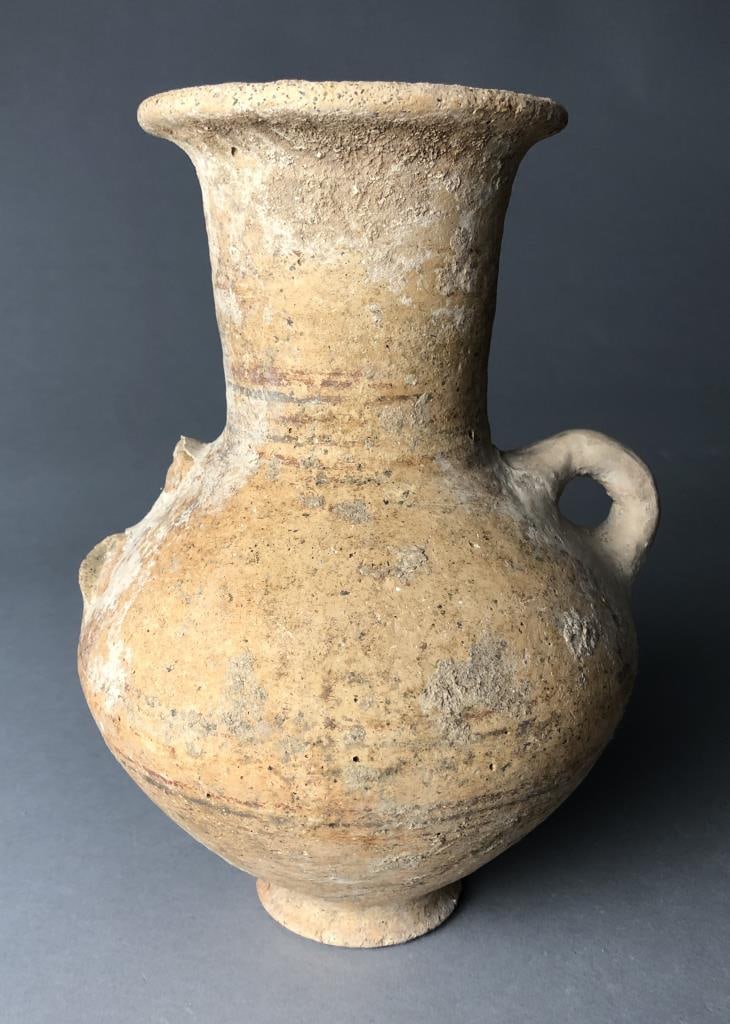 Cypriot Bichrome Iron Age Amphora: Cypriot Iron Age amphora with bichrome, black and red, linear banding decoration, approximately 8-3/4" in height.Provenance: ex-private East Lansing, Michigan, USA collection; C. J. Martin Ltd., Londo