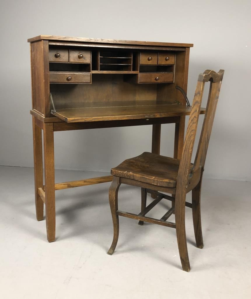 Arts & Crafts Oak Drop Front Desk & Chair: Antique Arts and Craft quartersawn oak drop front desk (13" L x 35-3/4" W x 43" H) with T-back quartersawn oak side chair, both circa 1900 - 1910.