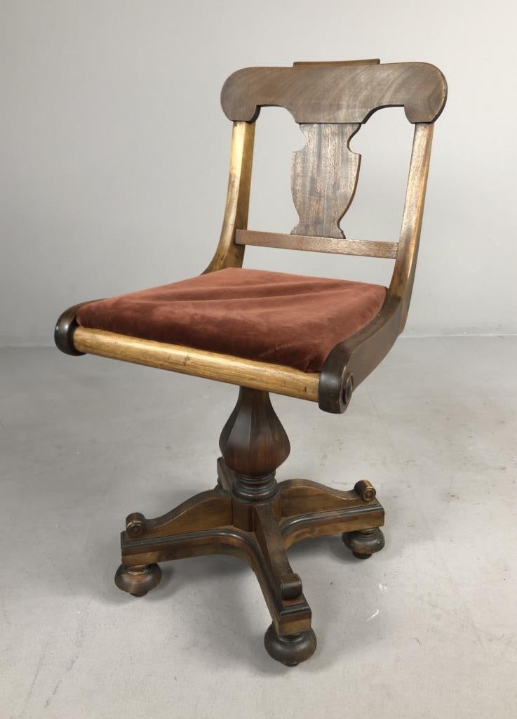 Antique Federal Revival Swivel Desk Chair: Antique, Federal Revival style, urn back mahogany swivel desk chair, with upholstered seat, early 20th Century,18" L x 16" W x 31" H.