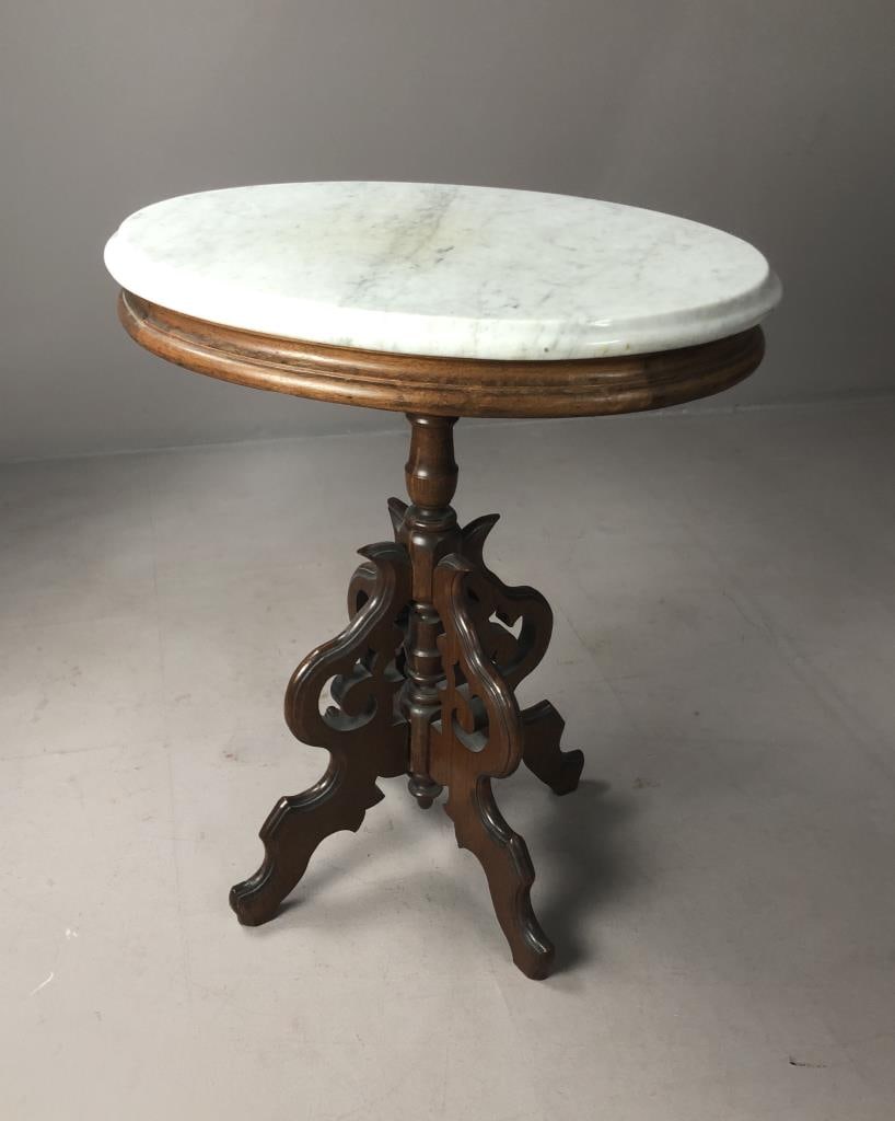 Renaissance Revival Marble Top Parlor Table 19th C: Victorian Era, Renaissance Revival style, marble top parlor or lamp table, American Black Walnut, late 19th Century, 16" L x 22" W x 27" H.