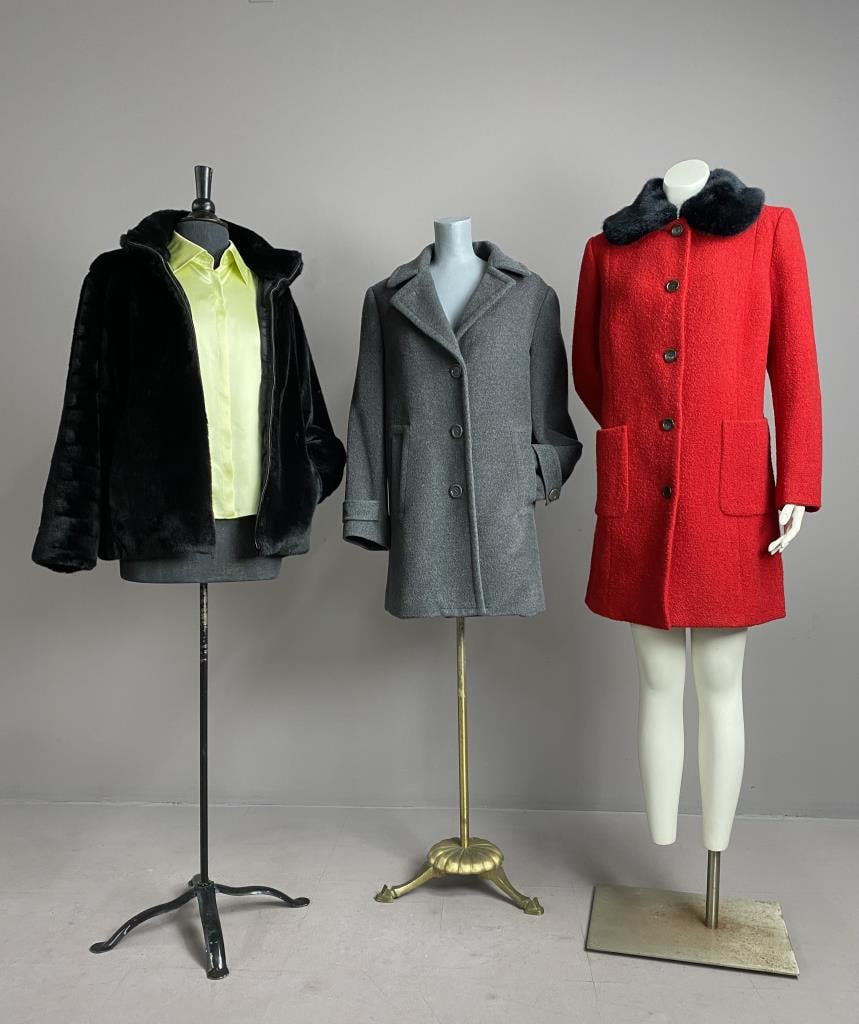 2 Talbots Coats & Silk Shirt, L. Claiborn Faux Fur: Liz Claiborne luxe black faux fur short coat, size L, and three Talbots pieces, 100% silk size 10 button up shirt, size 12P wool & alpaca blend 32" long pea coat, and size L Petite wool blend red dres