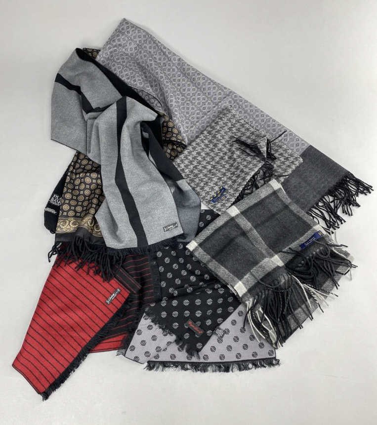Cashmere, Silk, & Wool Scarves: Seven winter scarves, two Club Room 100% Cashmere, Chelsey 100% silk knit, English Laundry 100% silk knit, Jos. Banks and unlabeled silk & wool blends.