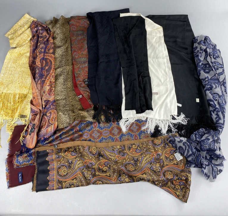 7 Silk Scarves, 2 Silk & Wool, 1 Wool, 1 Rayon: Eleven scarves, including Saks 5th Ave., Paul Frederick, Ann Klein, Alexandrea Pierce, and more.