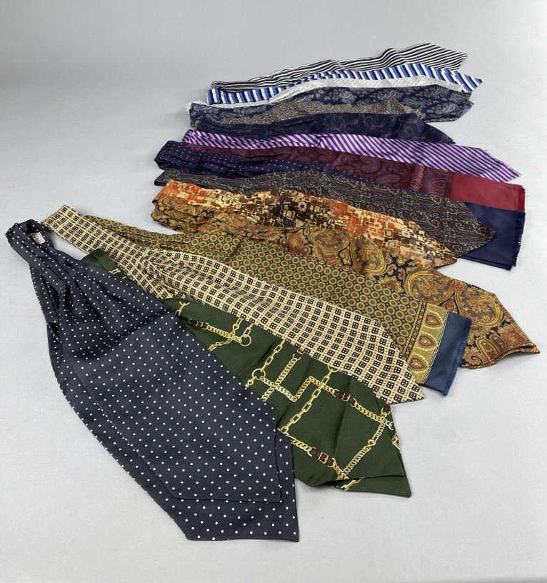 15 Silk Ascots and 1 Cotton Batik Style Ascot: Burberry, Brooks Brothers, Countess Mara, Thom Leffler, and more, sixteen ties altogether.