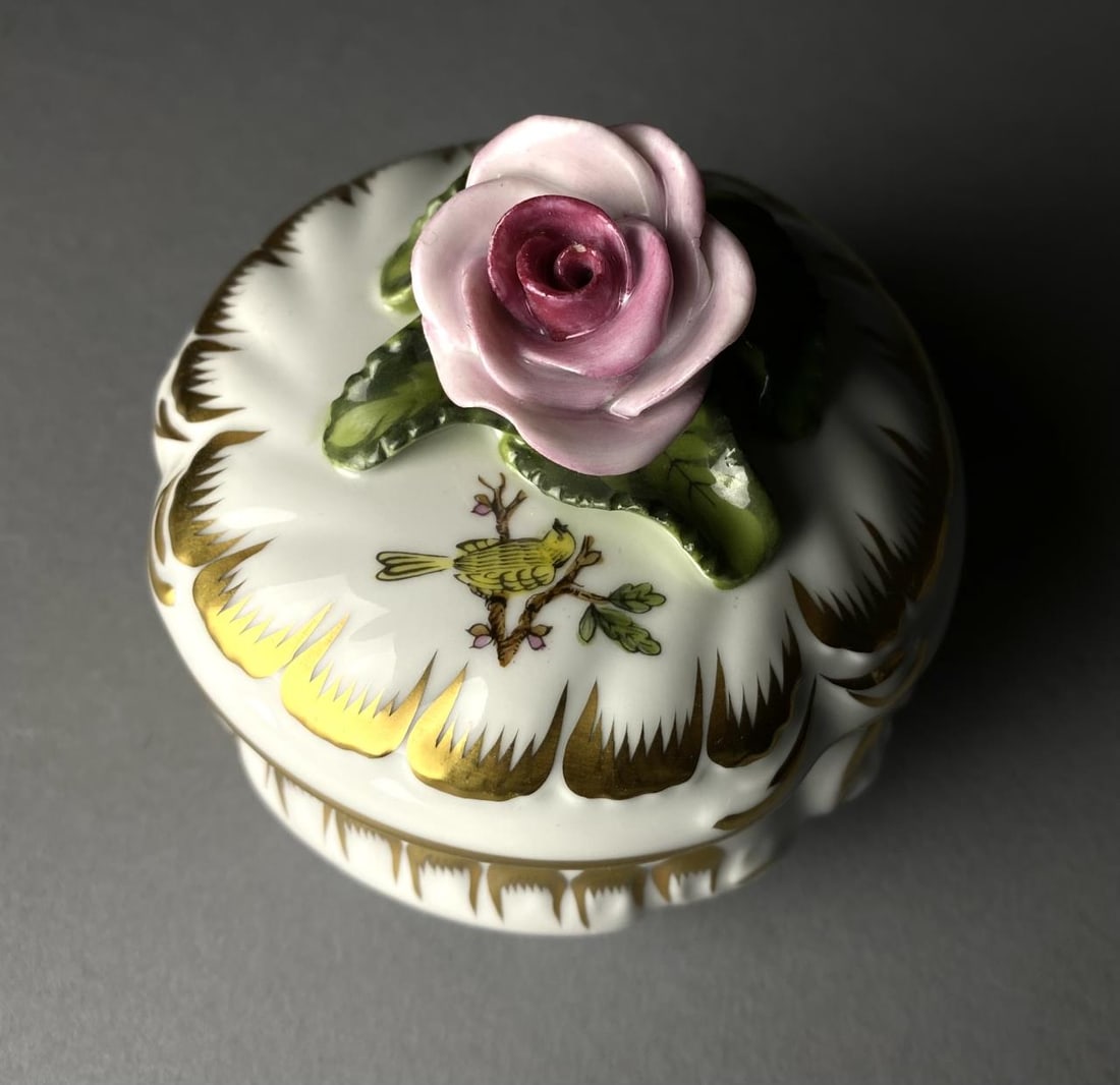 Herend Porcelain Covered Trinket Box w Rose (1 of 6)