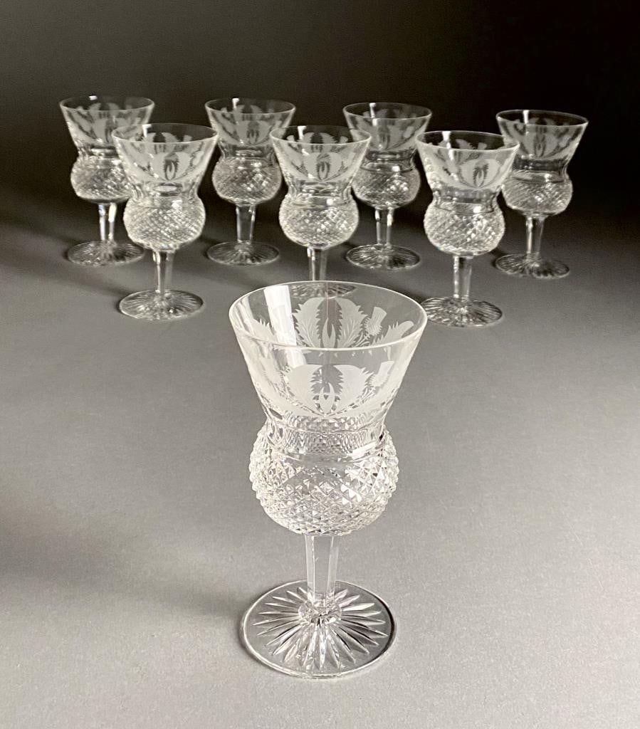 8 Edinburgh Crystal Thistle Large Wine Goblets: Eight Edinburgh Crystal, large wine goblets or wine glasses (#200030), in the "Thistle" pattern, etched mark on bottom: "Edinburgh Scotland," 5-1/4" H each, in original boxes.