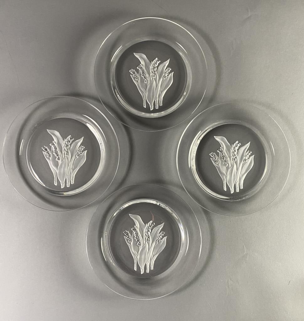 4 Hoya Lily of the Valley Crystal Plates: Four heavy crystal plates from Hoya, Japan with Lily of the Valley flowers. Deeply embossed and etched. 8-1/2" D.